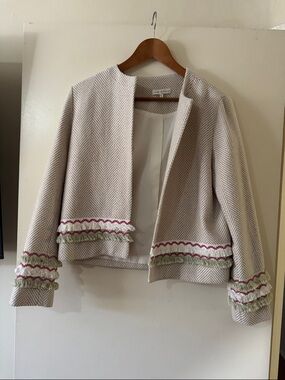 Free the Roses Beige Herringbone Open-Front Jacket with Pink & Green Trim